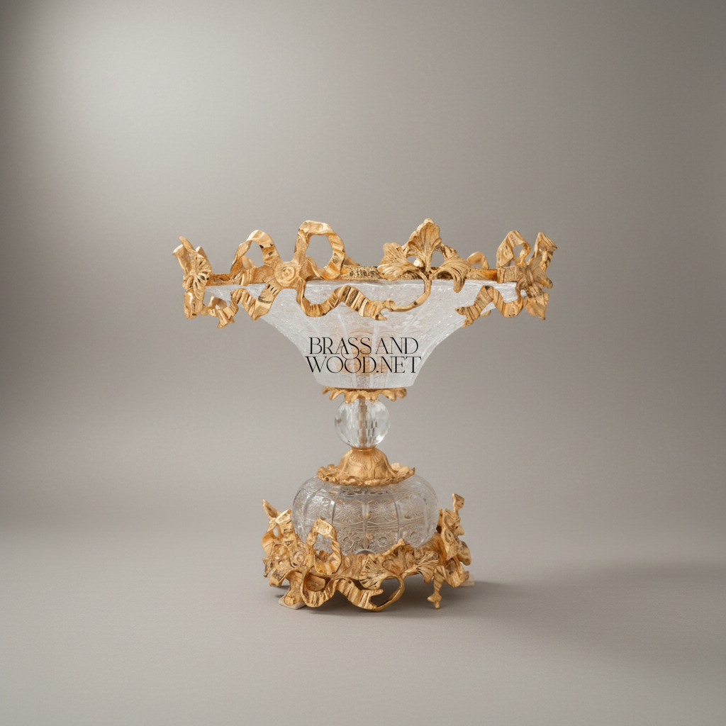 Classical Brass & Crystal Compote Dish - Ornate Floral Crown Rim — Gold