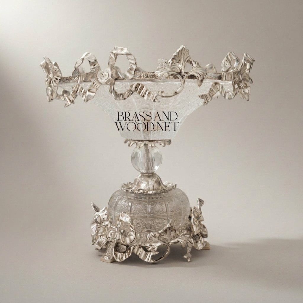 Classical Brass & Crystal Compote Dish - Ornate Floral Crown Rim — Silver