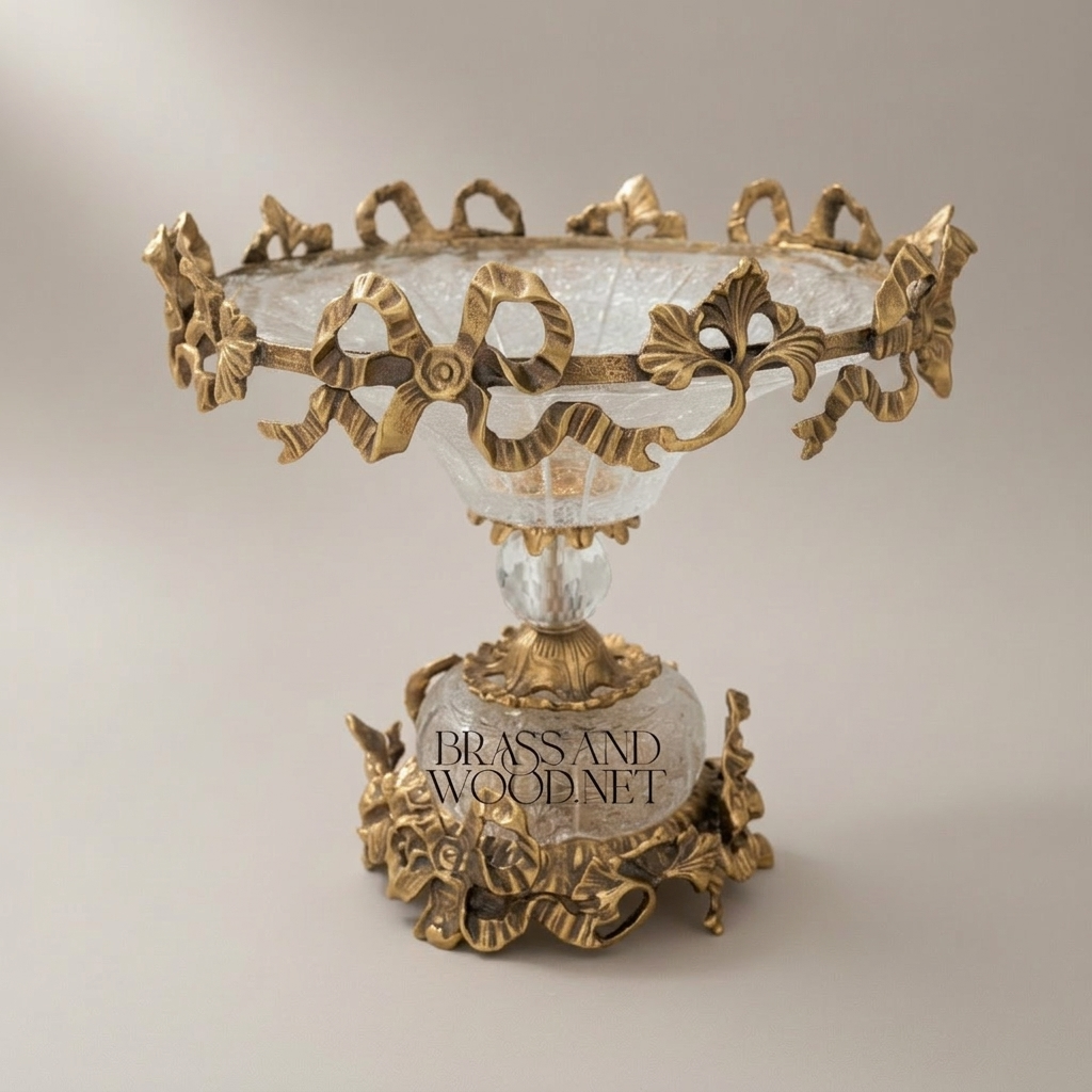 Classical Brass & Crystal Compote Dish - Ornate Floral Crown Rim