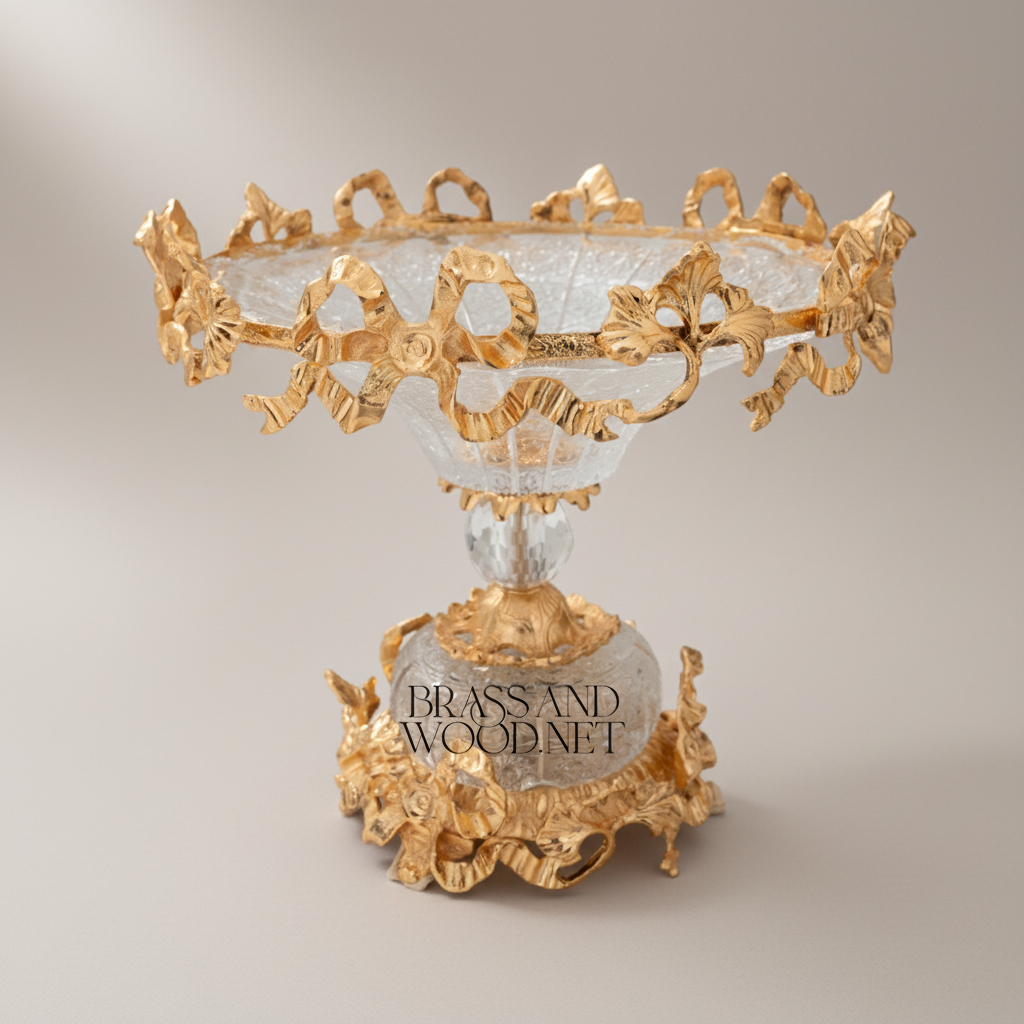 Classical Brass & Crystal Compote Dish - Ornate Floral Crown Rim — Gold
