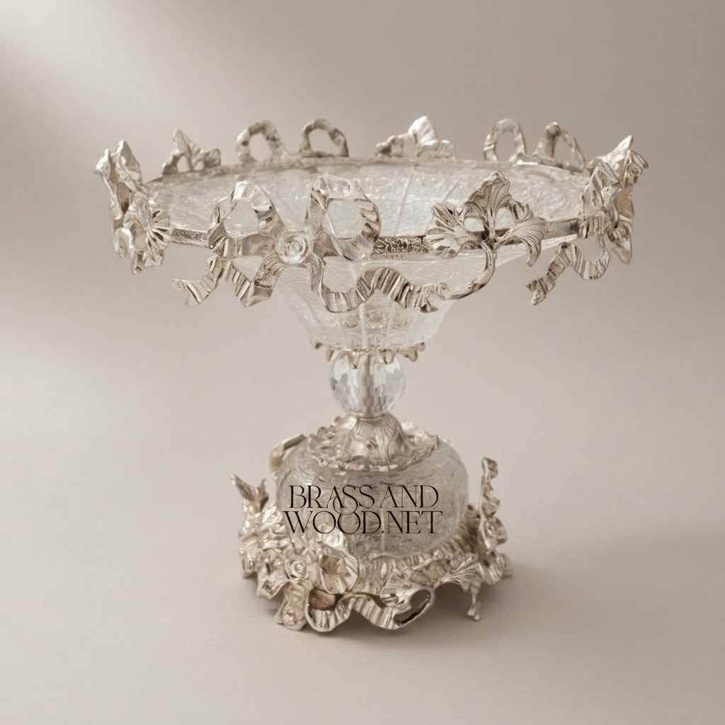 Classical Brass & Crystal Compote Dish - Ornate Floral Crown Rim — Silver