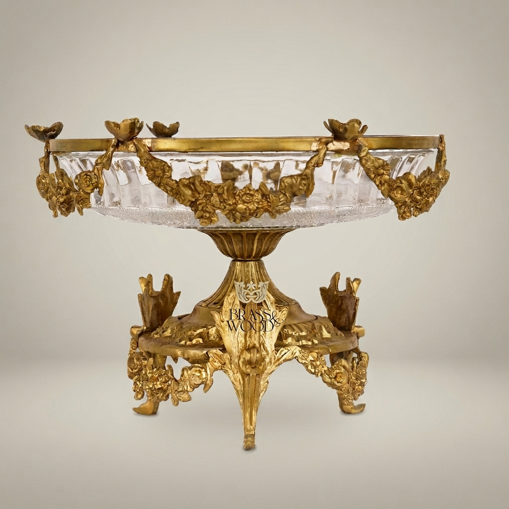 Classical Brass & Crystal Pedestal Bonbonniere - Floral Garland & Four-Footed Sculptural Stand — Antique Gold