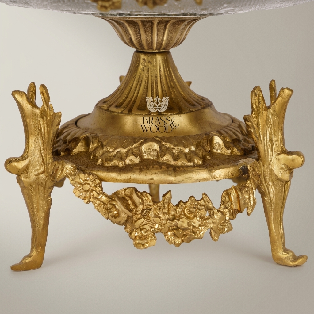 Classical Brass & Crystal Pedestal Bonbonniere - Floral Garland & Four-Footed Sculptural Stand — Antique Gold