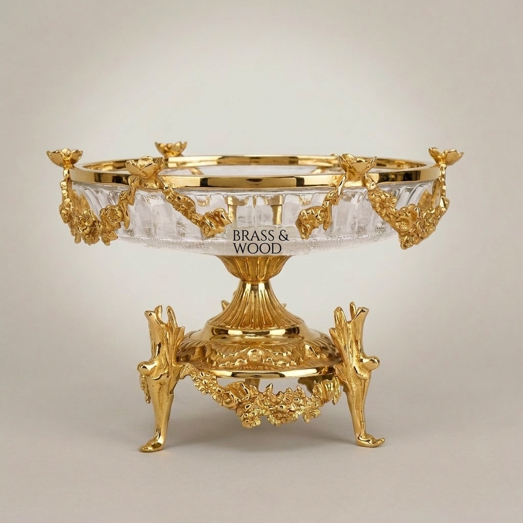 Classical Brass & Crystal Pedestal Bonbonniere - Floral Garland & Four-Footed Sculptural Stand