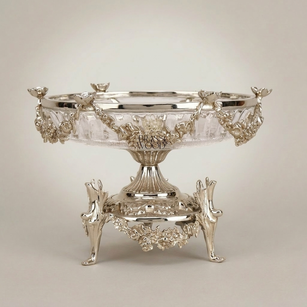 Classical Brass & Crystal Pedestal Bonbonniere - Floral Garland & Four-Footed Sculptural Stand — Silver