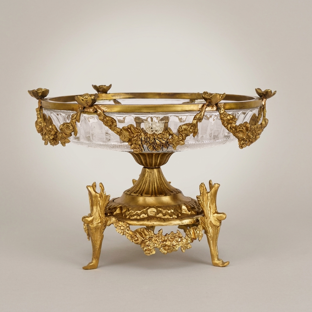 Classical Brass & Crystal Pedestal Bonbonniere - Floral Garland & Four-Footed Sculptural Stand — Antique Gold