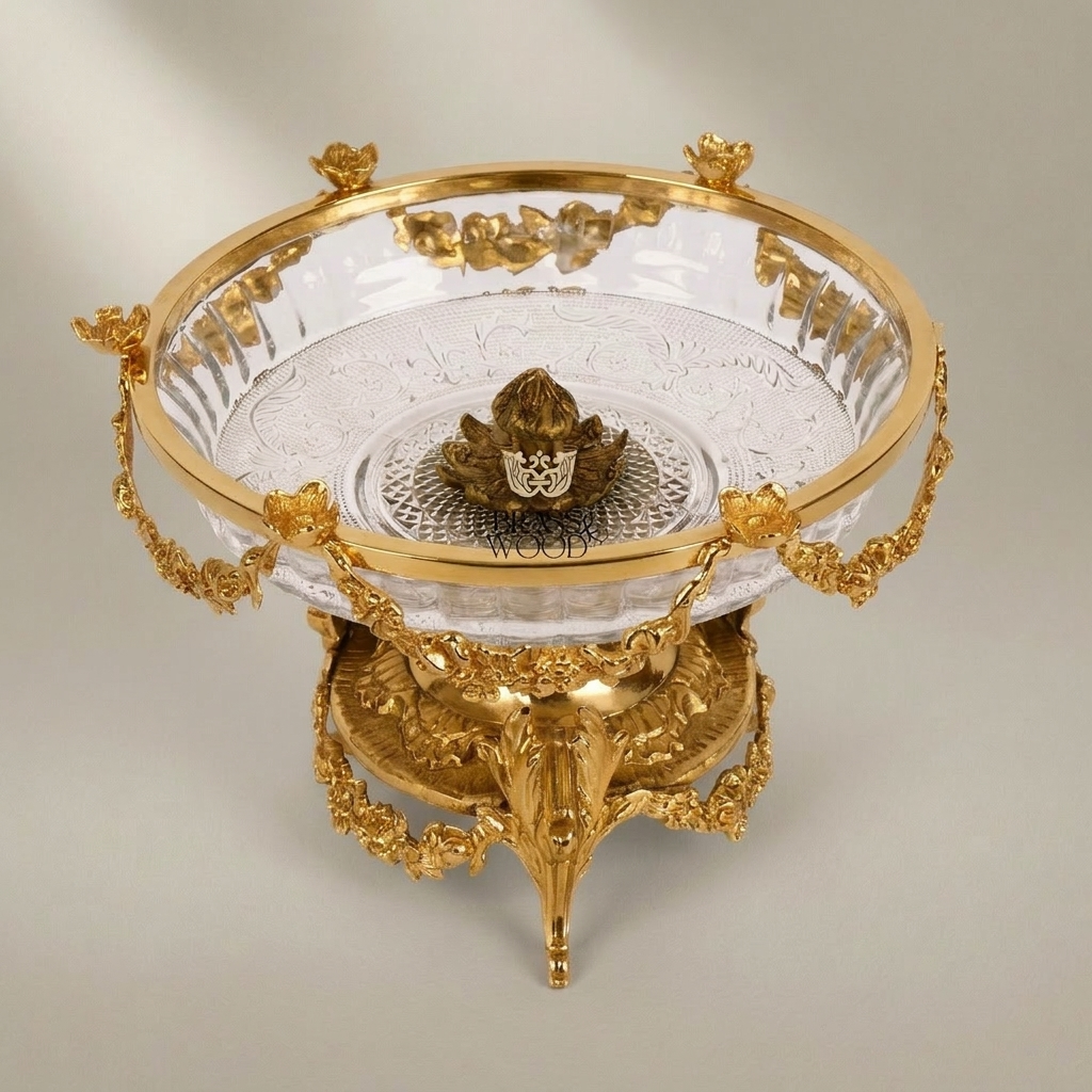 Classical Brass & Crystal Pedestal Bonbonniere - Floral Garland & Four-Footed Sculptural Stand