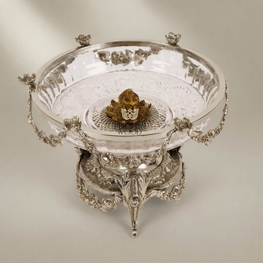Classical Brass & Crystal Pedestal Bonbonniere - Floral Garland & Four-Footed Sculptural Stand — Silver