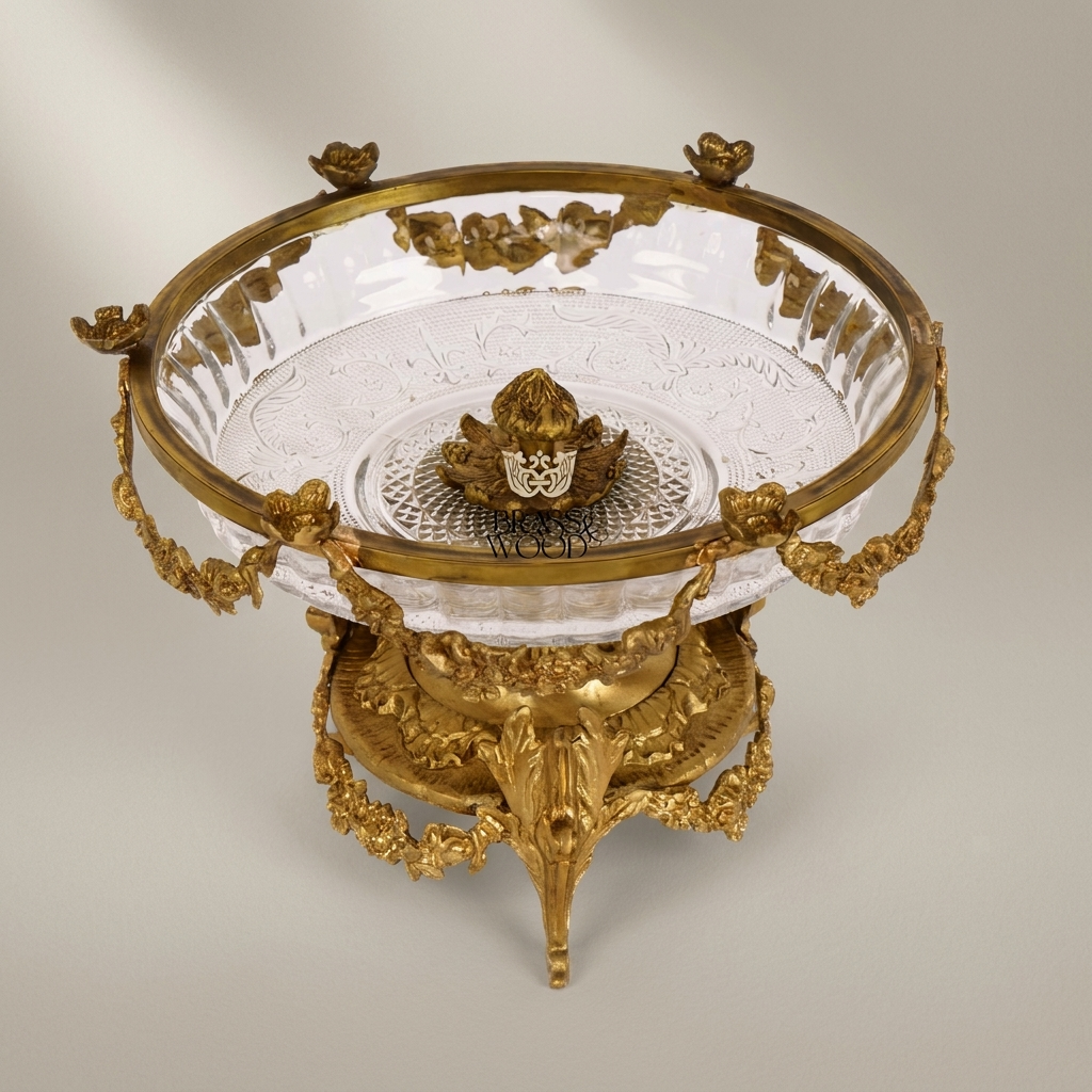 Classical Brass & Crystal Pedestal Bonbonniere - Floral Garland & Four-Footed Sculptural Stand — Antique Gold