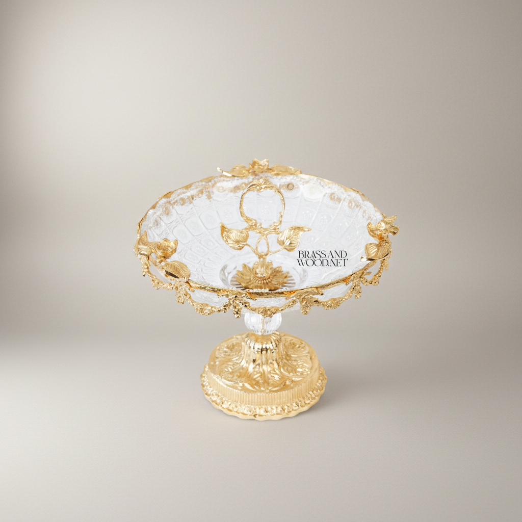 Classical Brass & Crystal Pedestal Candy Dish - Floral Garland Ring Handle — Gold