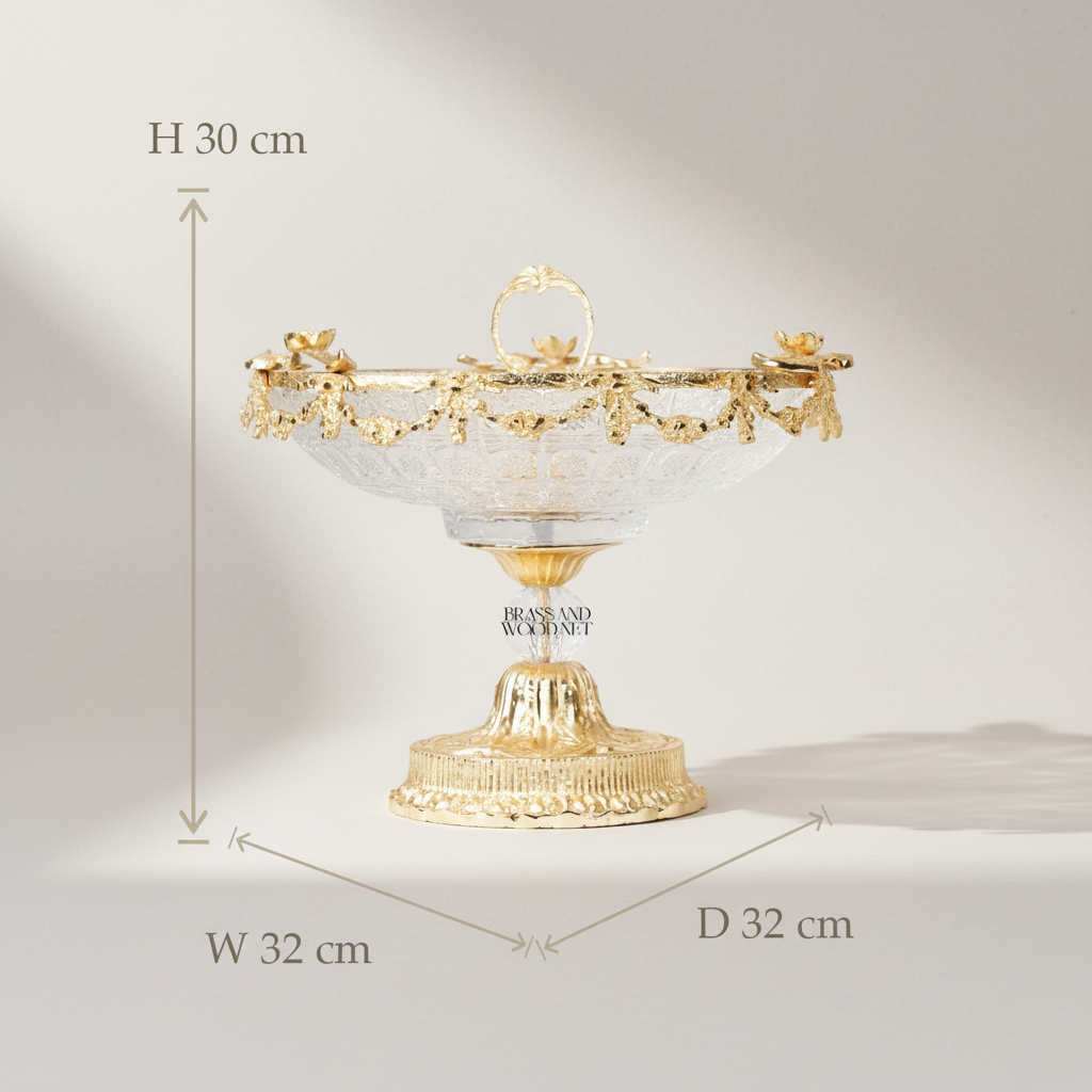 Classical Brass & Crystal Pedestal Candy Dish - Floral Garland Ring Handle — Gold