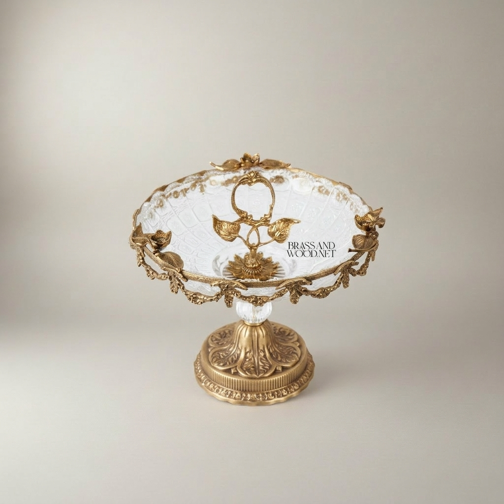 Classical Brass & Crystal Pedestal Candy Dish - Floral Garland Ring Handle — Antique Gold