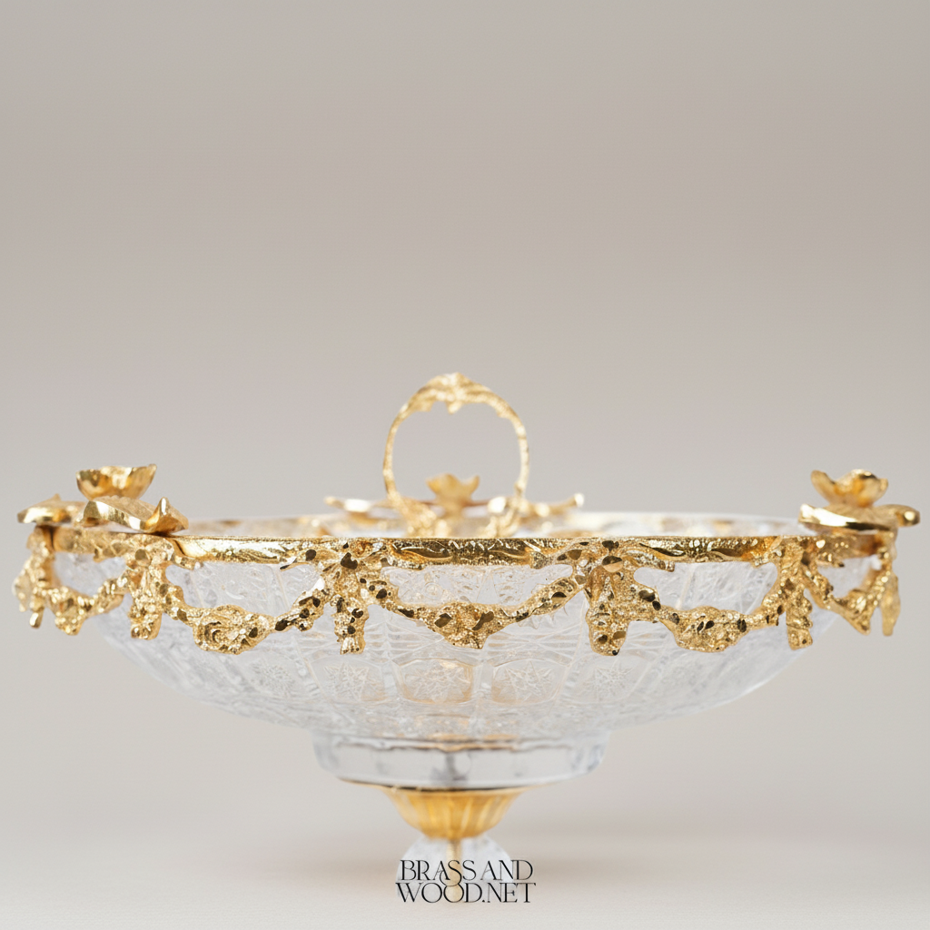 Classical Brass & Crystal Pedestal Candy Dish - Floral Garland Ring Handle — Gold