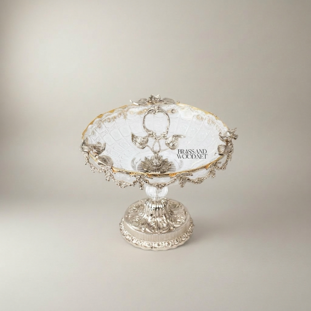 Classical Brass & Crystal Pedestal Candy Dish - Floral Garland Ring Handle — Silver