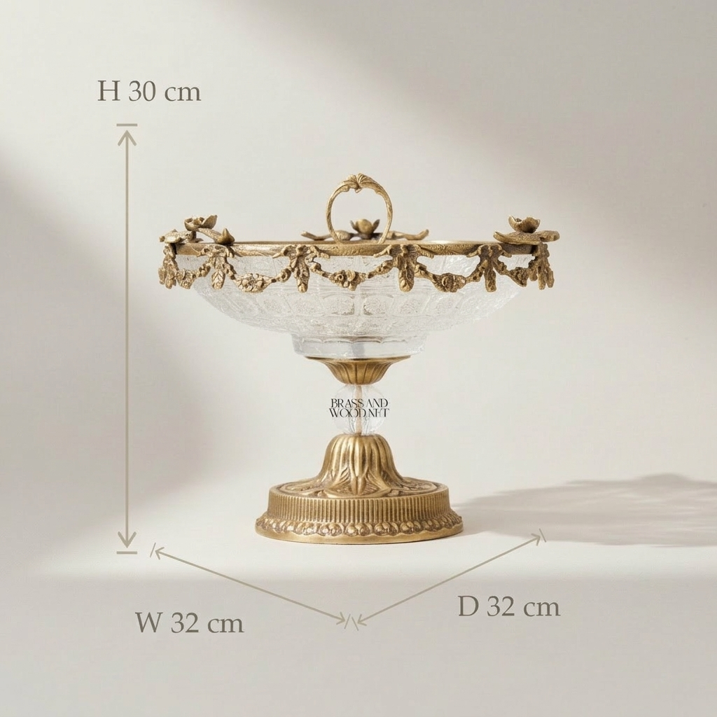 Classical Brass & Crystal Pedestal Candy Dish - Floral Garland Ring Handle — Antique Gold