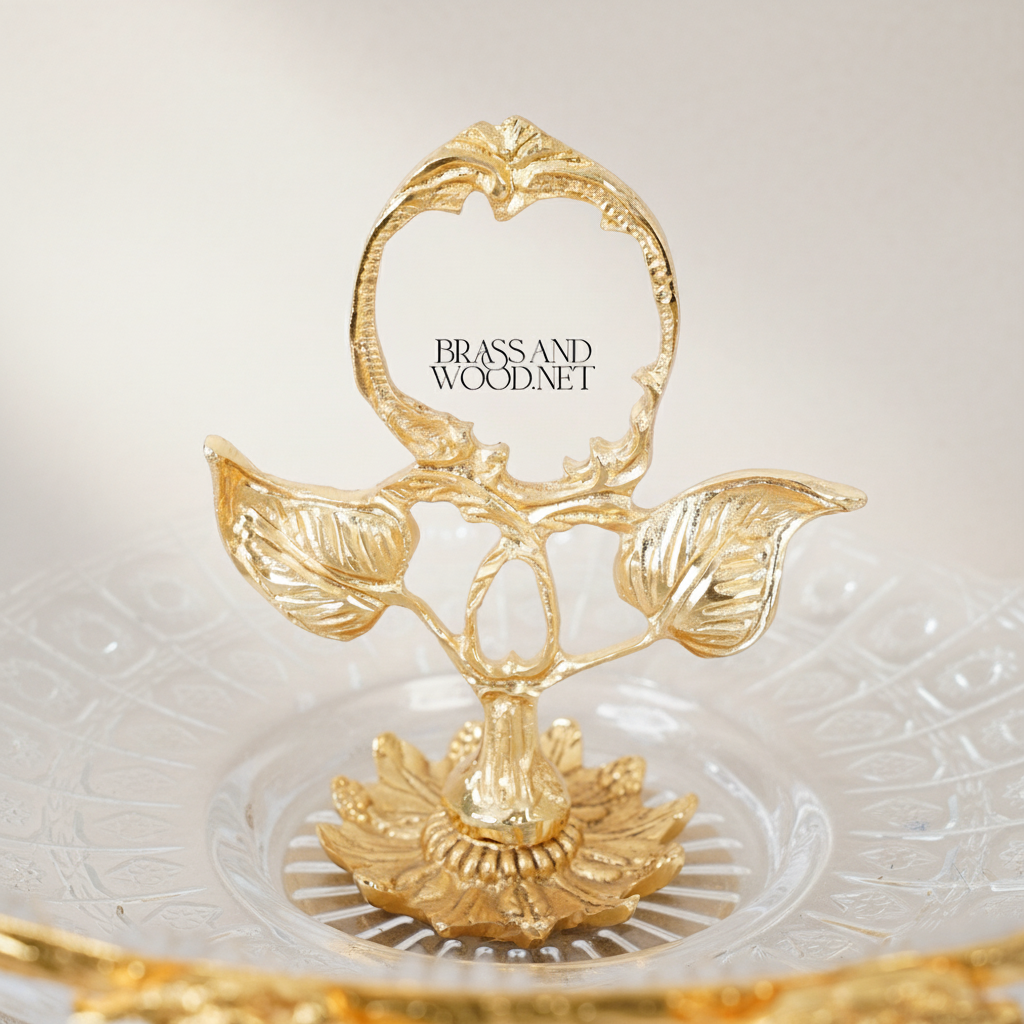 Classical Brass & Crystal Pedestal Candy Dish - Floral Garland Ring Handle — Gold