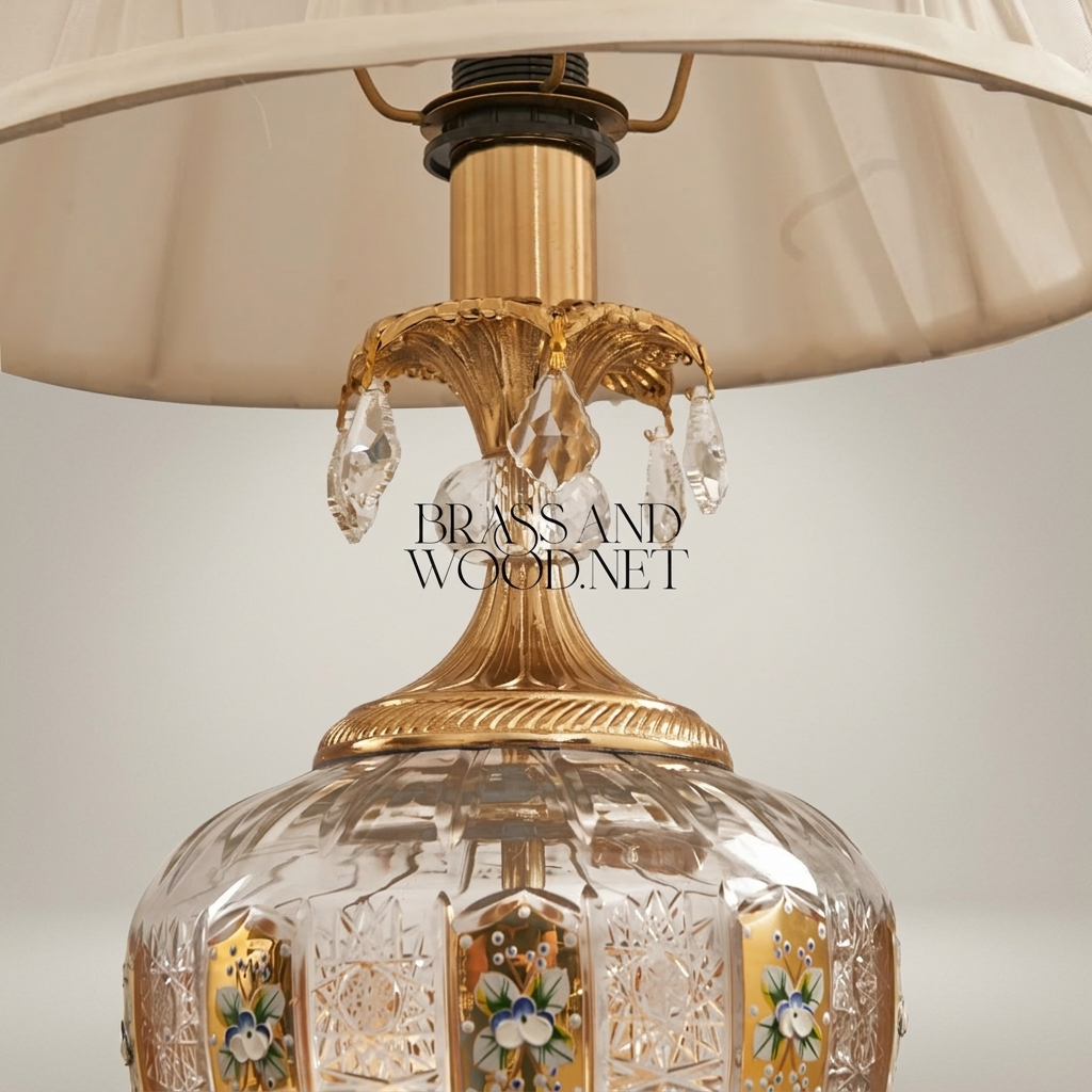 Classical Brass & Crystal Table Lamp with Hand-Painted Floral Urn Base — Gold