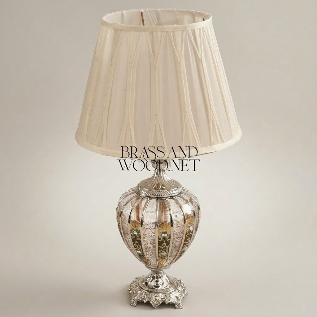 Classical Brass & Crystal Table Lamp with Hand-Painted Floral Urn Base — Silver