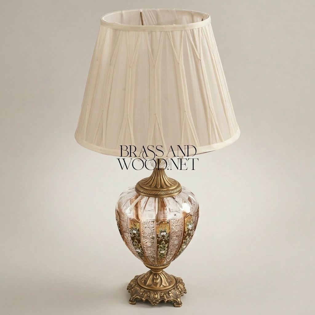 Classical Brass & Crystal Table Lamp with Hand-Painted Floral Urn Base — Antique Gold