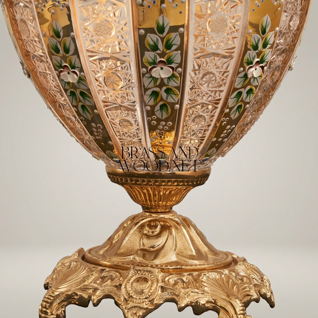 Classical Brass & Crystal Table Lamp with Hand-Painted Floral Urn Base — Gold