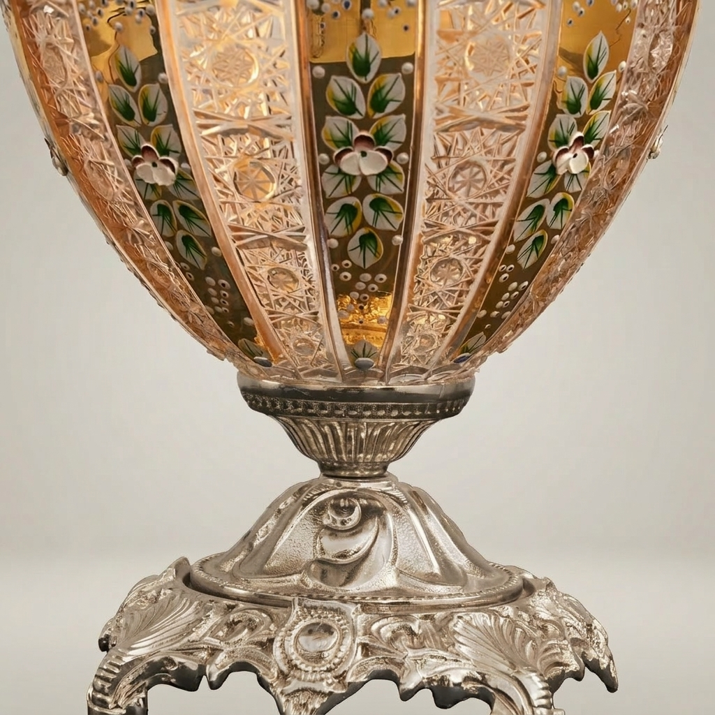 Classical Brass & Crystal Table Lamp with Hand-Painted Floral Urn Base — Silver