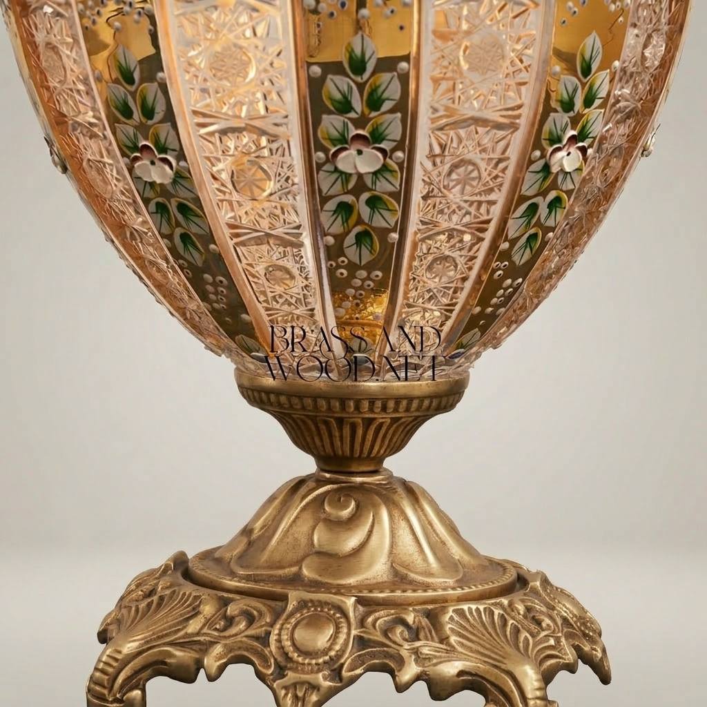Classical Brass & Crystal Table Lamp with Hand-Painted Floral Urn Base — Antique Gold