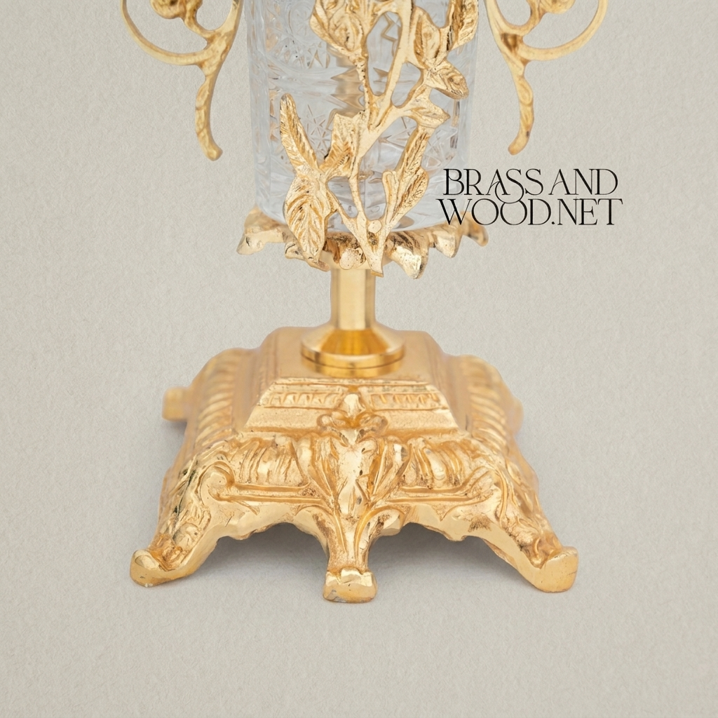 Classical Brass & Crystal Urn Table Lamp - Ornate Scrollwork Base — Gold