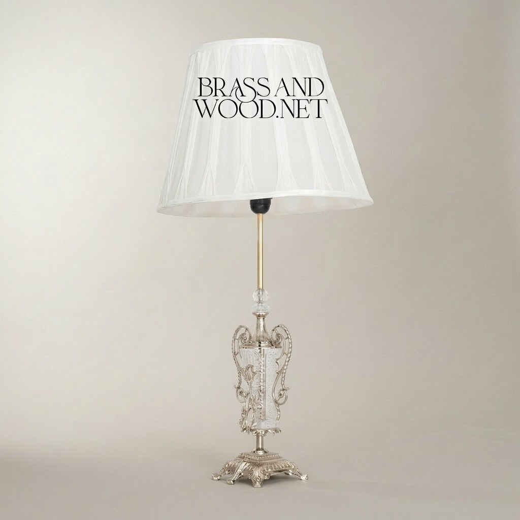 Classical Brass & Crystal Urn Table Lamp - Ornate Scrollwork Base — Silver