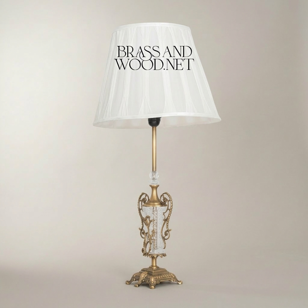 Classical Brass & Crystal Urn Table Lamp - Ornate Scrollwork Base — Antique Gold
