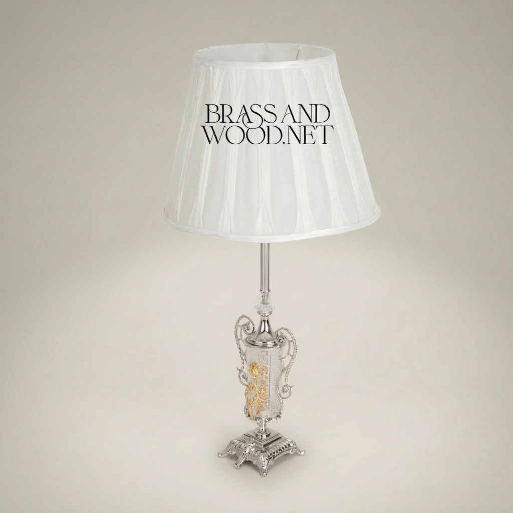 Classical Brass & Crystal Urn Table Lamp - Ornate Scrollwork Base — Silver