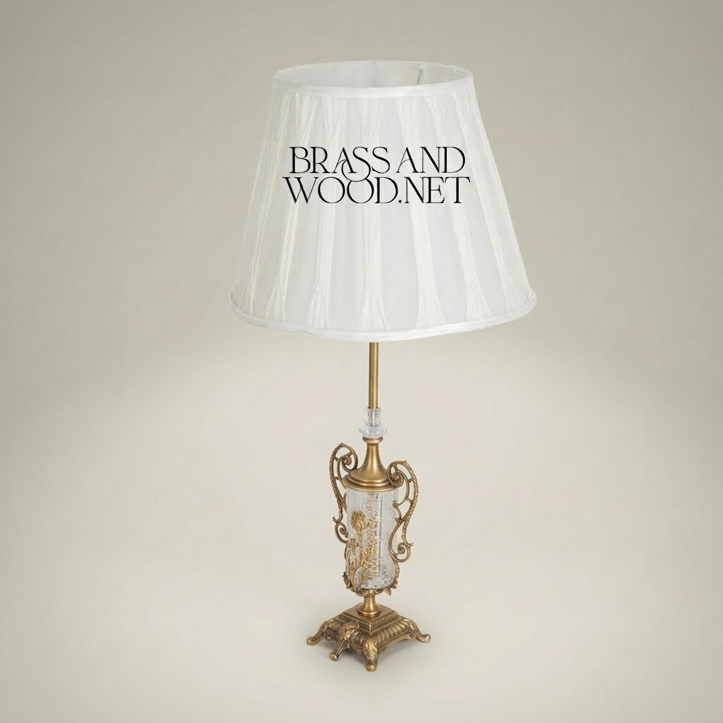 Classical Brass & Crystal Urn Table Lamp - Ornate Scrollwork Base — Antique Gold