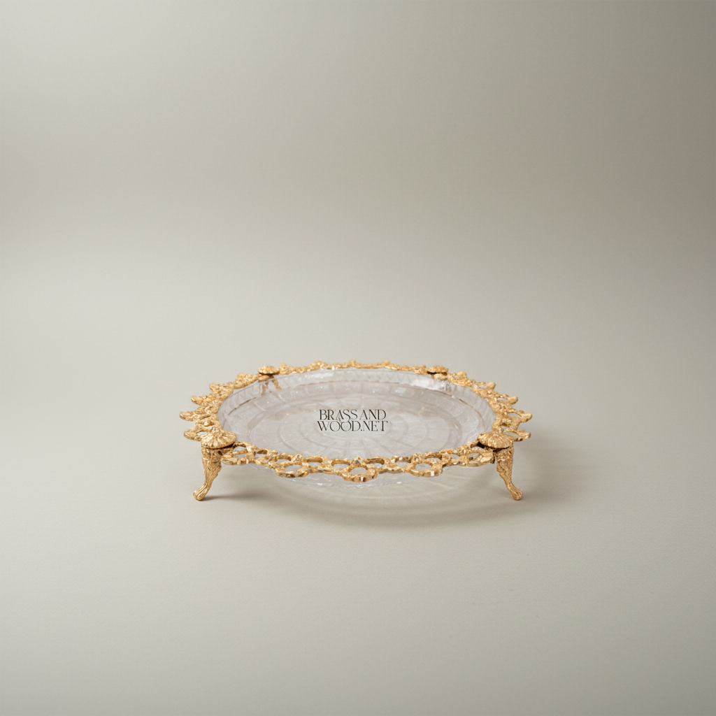 Classical Brass & Glass Candy Tray - Ornate Lace-Edge Footed Dish — Gold