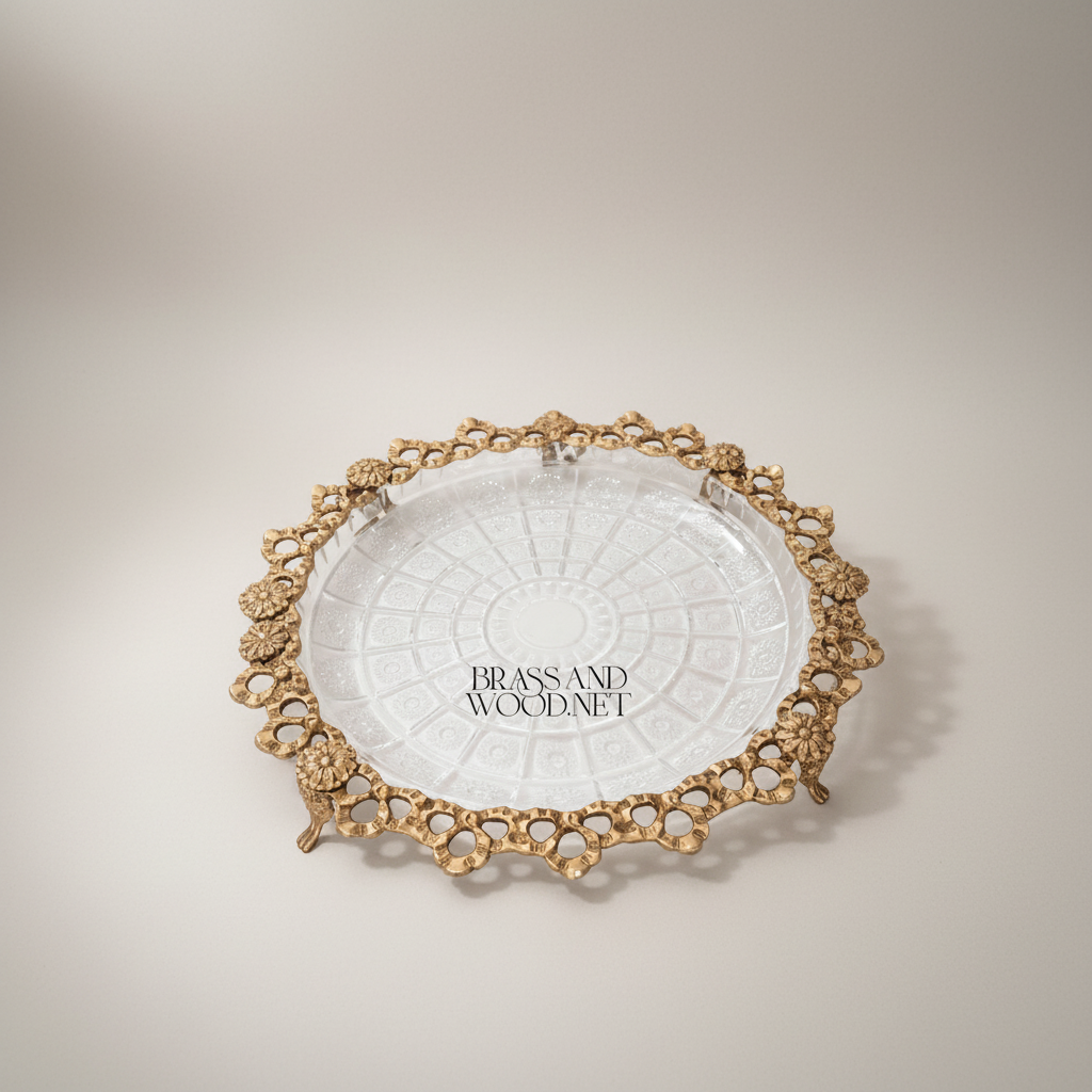 Classical Brass & Glass Candy Tray - Ornate Lace-Edge Footed Dish — Antique Gold