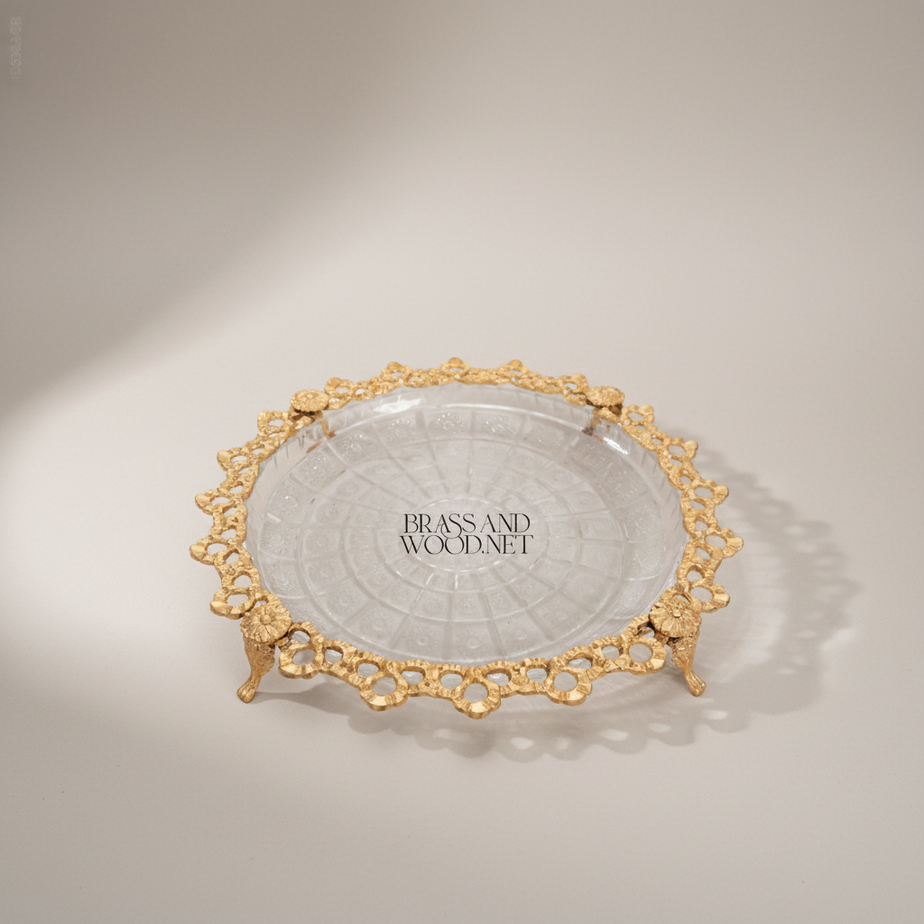 Classical Brass & Glass Candy Tray - Ornate Lace-Edge Footed Dish — Gold