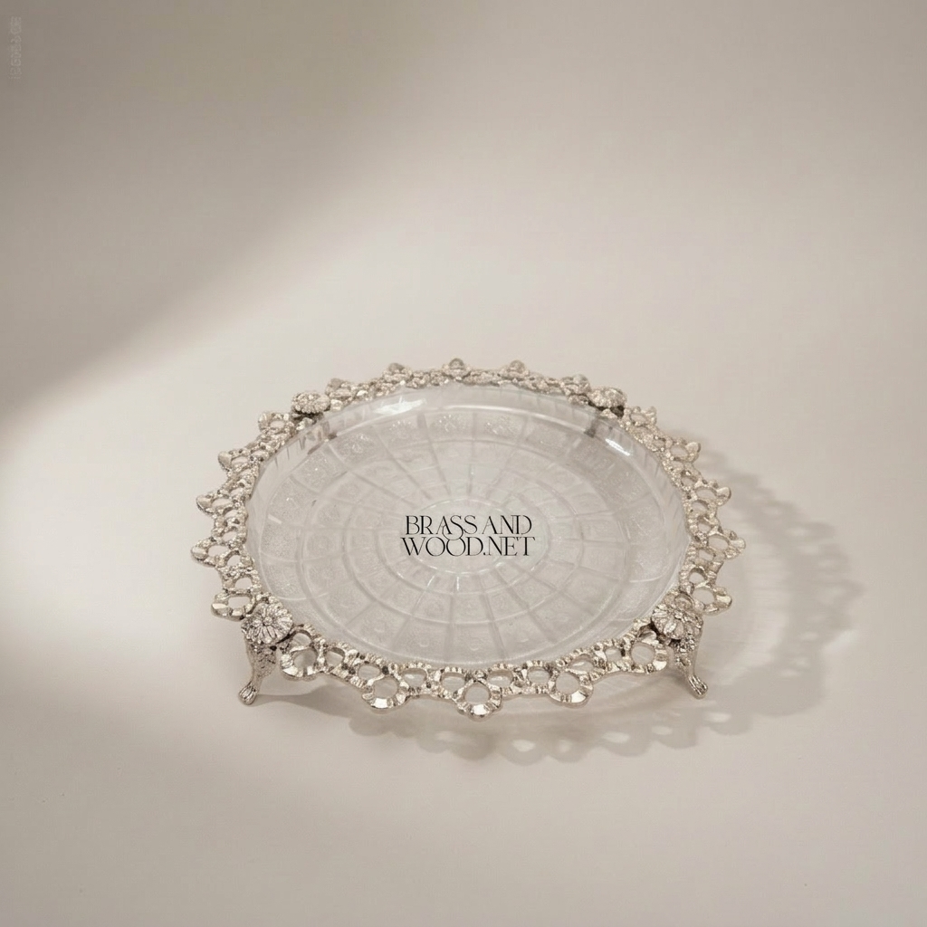 Classical Brass & Glass Candy Tray - Ornate Lace-Edge Footed Dish — Silver