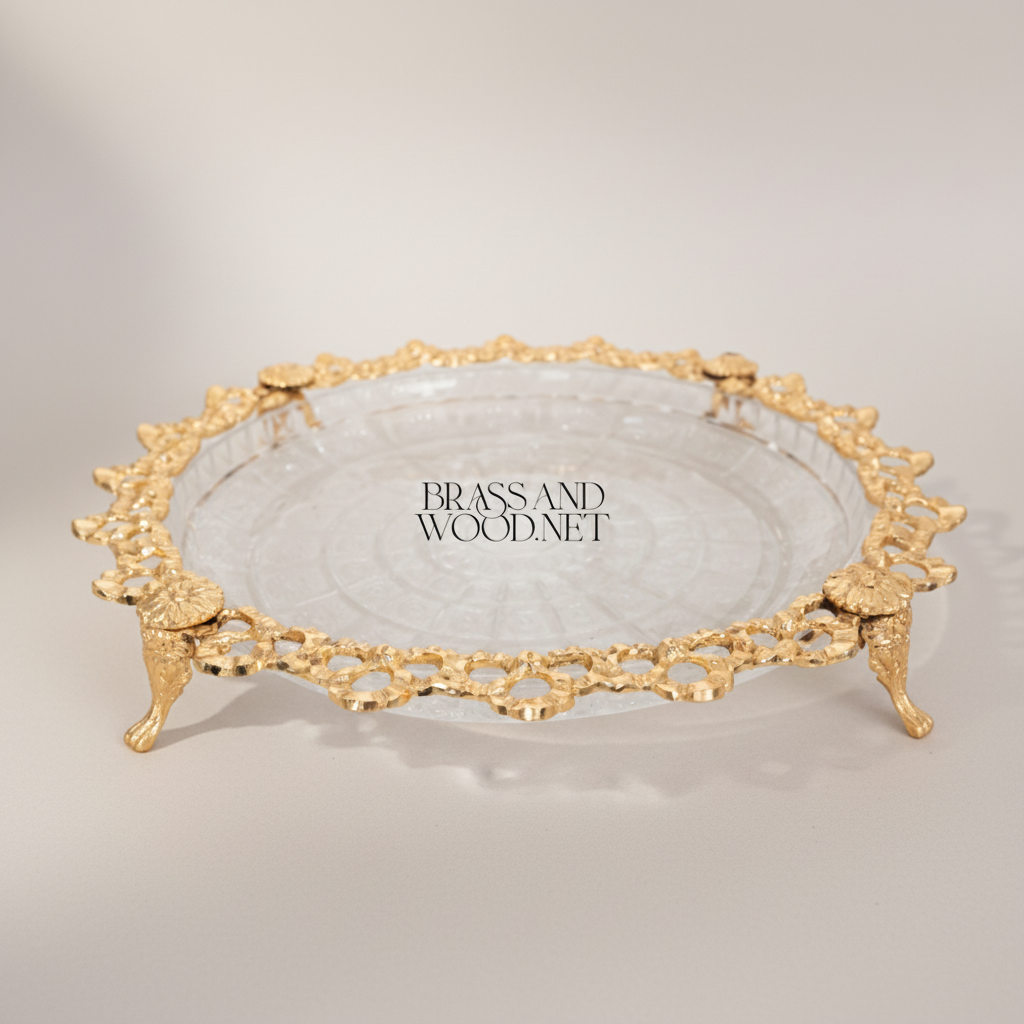 Classical Brass & Glass Candy Tray - Ornate Lace-Edge Footed Dish — Gold