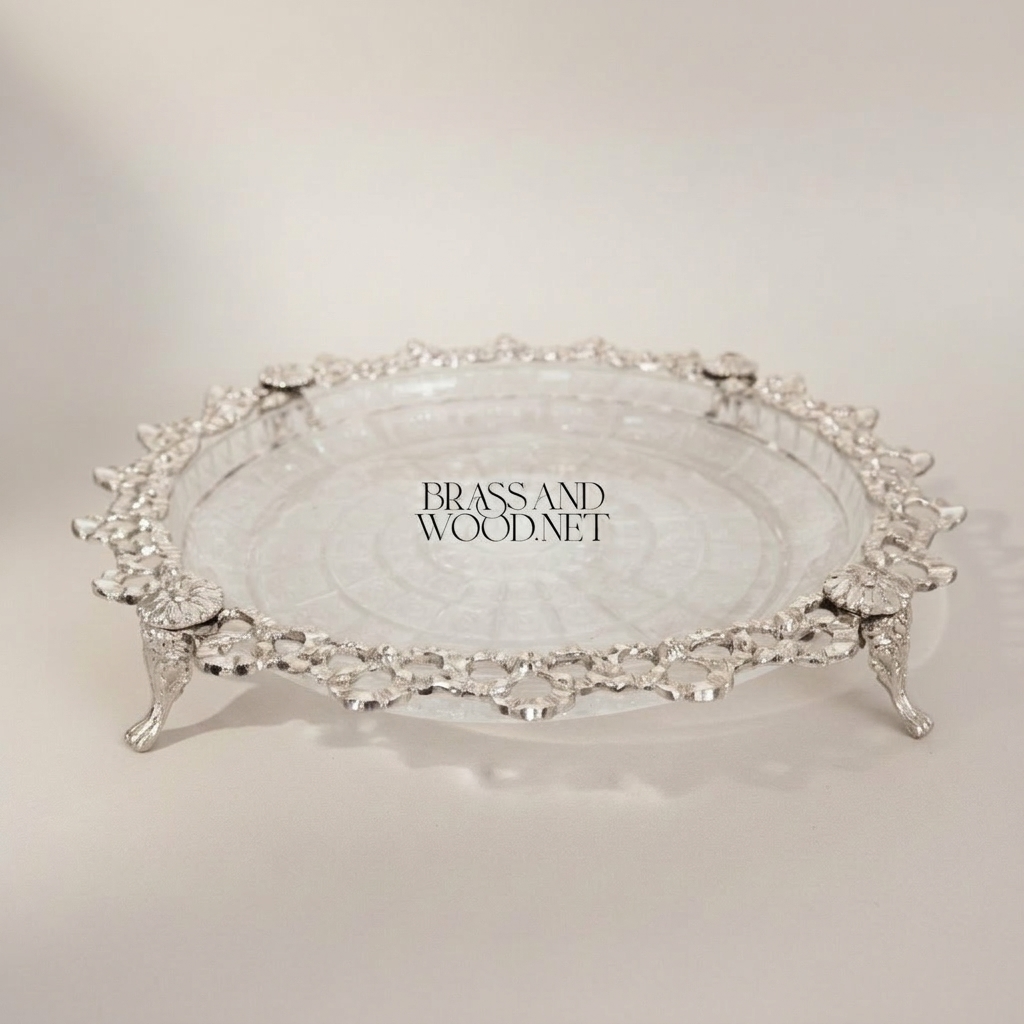 Classical Brass & Glass Candy Tray - Ornate Lace-Edge Footed Dish — Silver