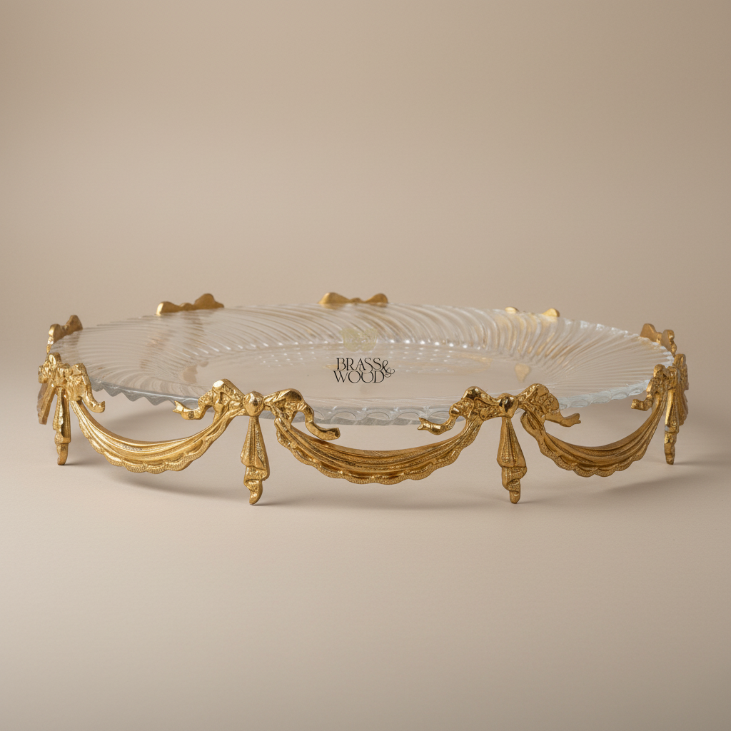 Classical Brass & Glass Oval Centerpiece Tray - Draped Swag Ornament — Gold