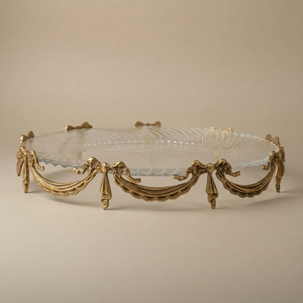 Classical Brass & Glass Oval Centerpiece Tray - Draped Swag Ornament
