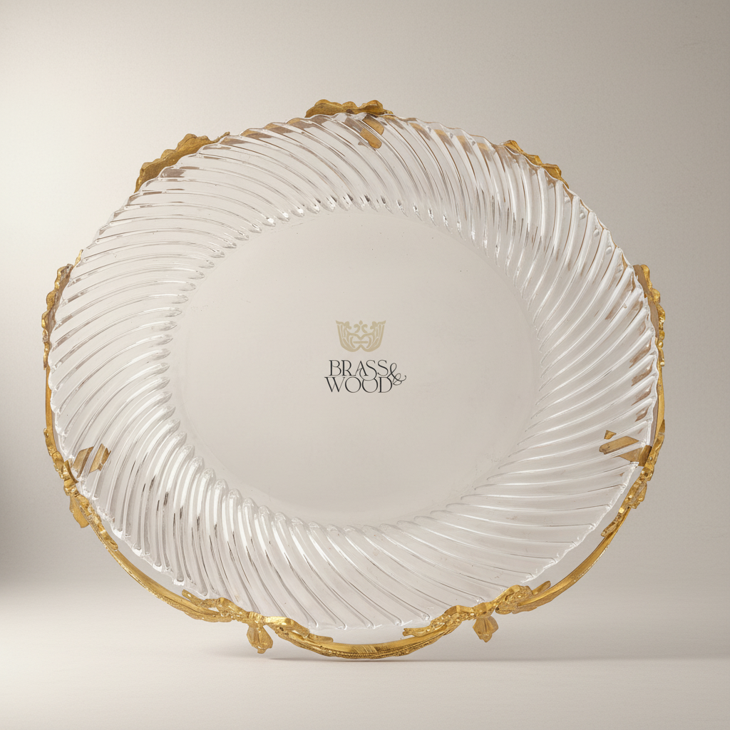 Classical Brass & Glass Oval Centerpiece Tray - Draped Swag Ornament — Gold