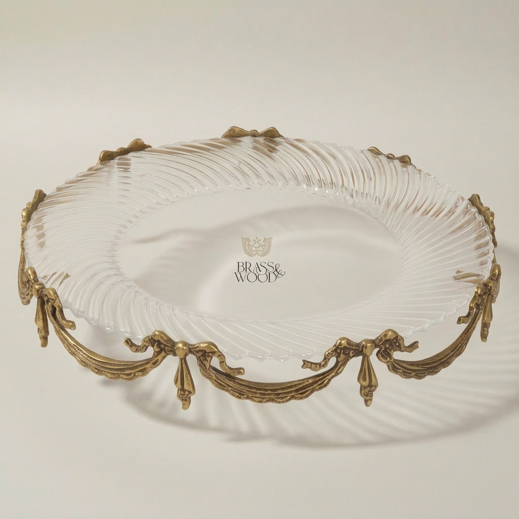 Classical Brass & Glass Oval Centerpiece Tray - Draped Swag Ornament