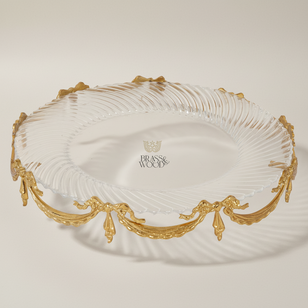 Classical Brass & Glass Oval Centerpiece Tray - Draped Swag Ornament — Gold