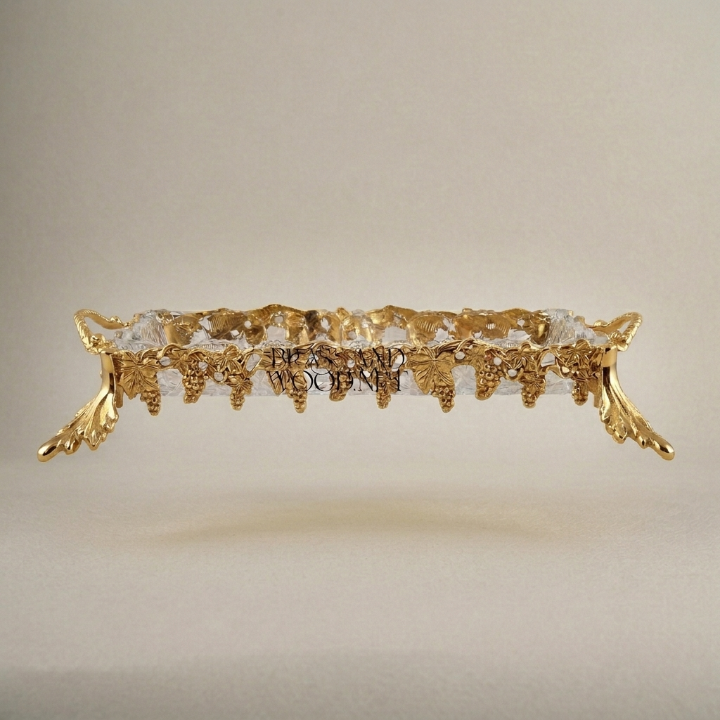Classical Brass & Glass Rectangular Tray - Grape Vine Foliage Ornament