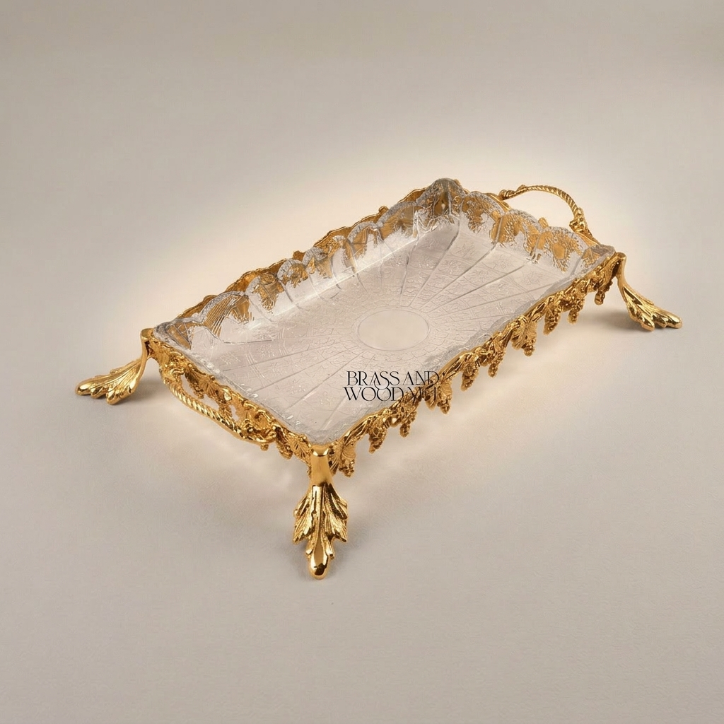 Classical Brass & Glass Rectangular Tray - Grape Vine Foliage Ornament