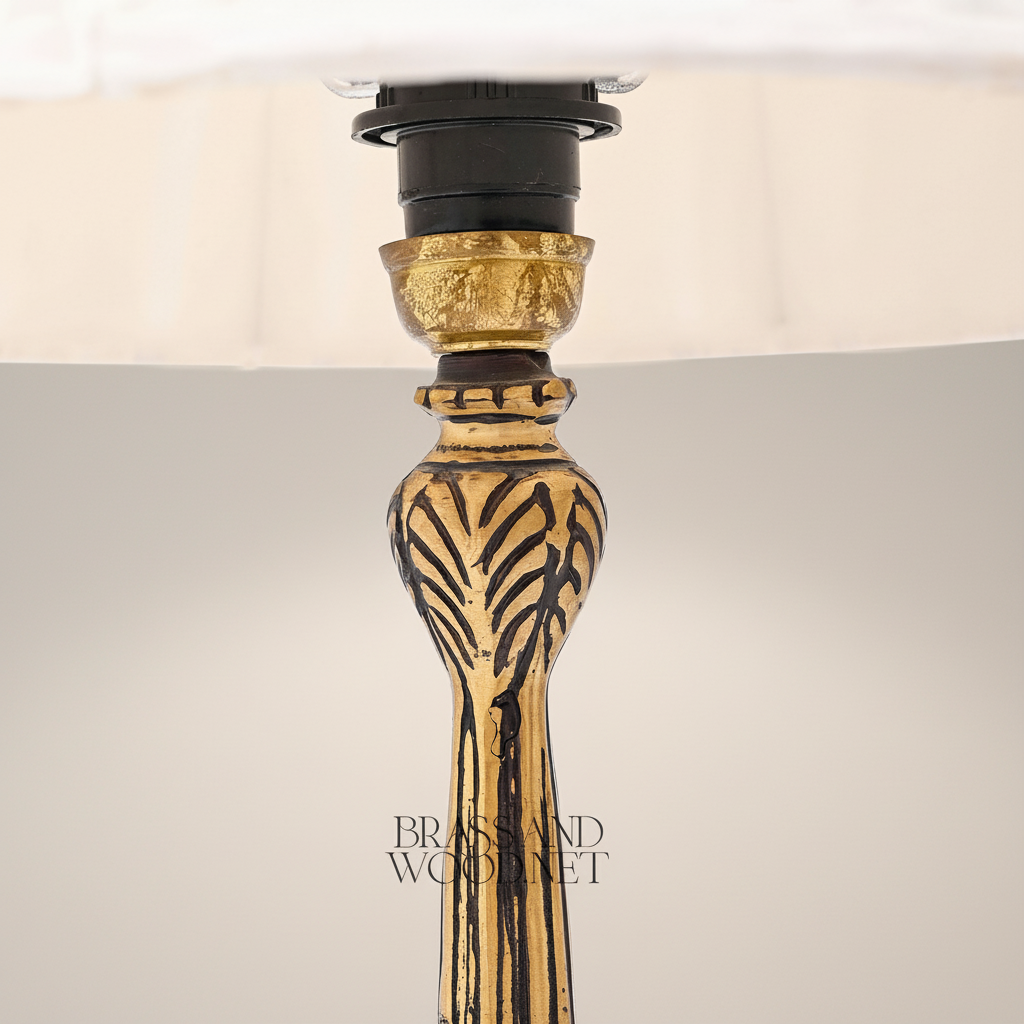 Classical Brass & Marble Table Lamp - Ornate Fluted Column with Pleated Shade — Antique Gold