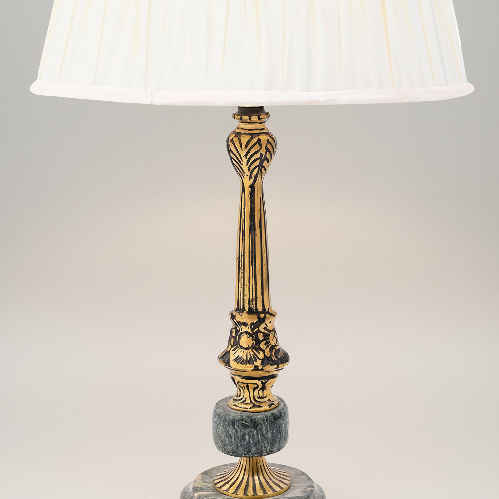 Classical Brass & Marble Table Lamp - Ornate Fluted Column with Pleated Shade — Antique Gold