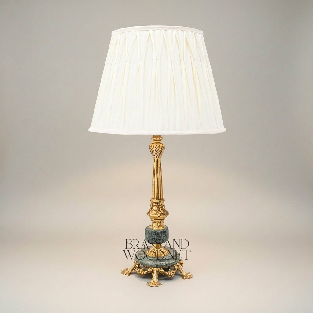 Classical Brass & Marble Table Lamp - Ornate Fluted Column with Pleated Shade