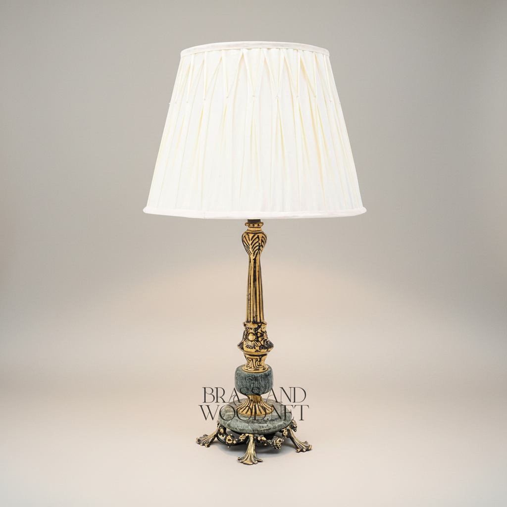 Classical Brass & Marble Table Lamp - Ornate Fluted Column with Pleated Shade — Antique Gold