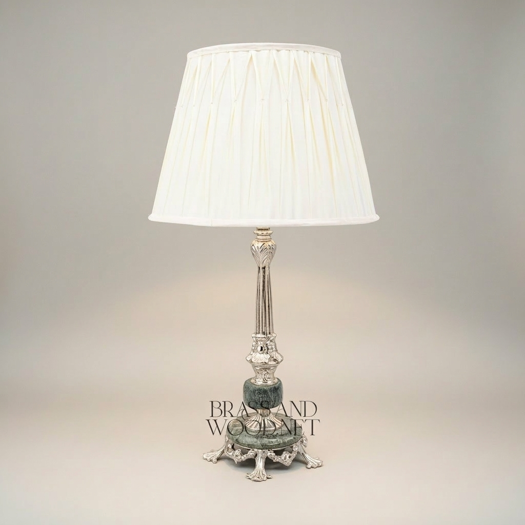 Classical Brass & Marble Table Lamp - Ornate Fluted Column with Pleated Shade — Silver