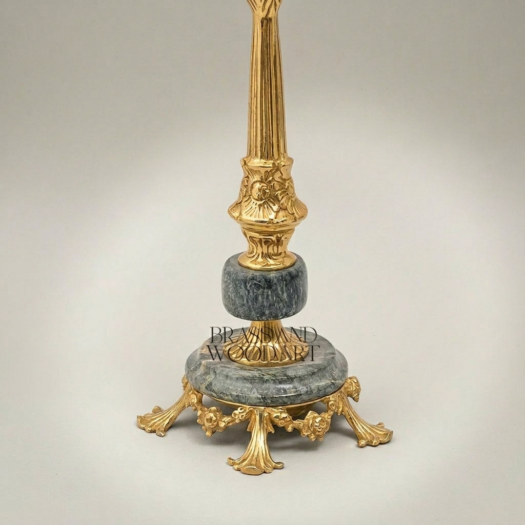 Classical Brass & Marble Table Lamp - Ornate Fluted Column with Pleated Shade